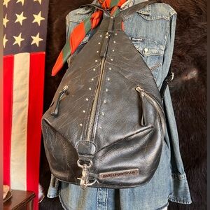Harley-Davidson Black Leather Backpack Zipper Biker Crossbody Handbag